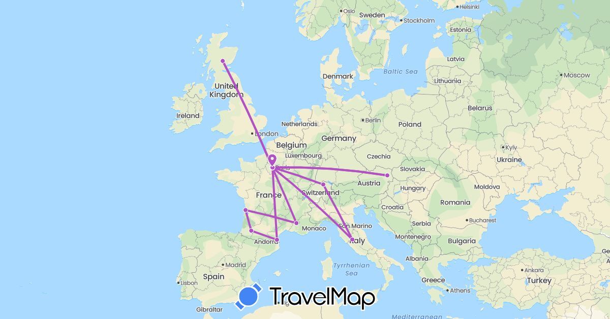 TravelMap itinerary: driving, train in Austria, Switzerland, France, United Kingdom, Italy (Europe)